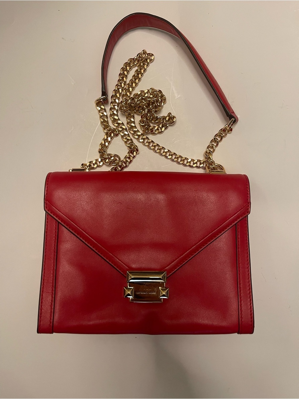 Michael Kors Red Leather Crossbody with Gold Chain Strap
